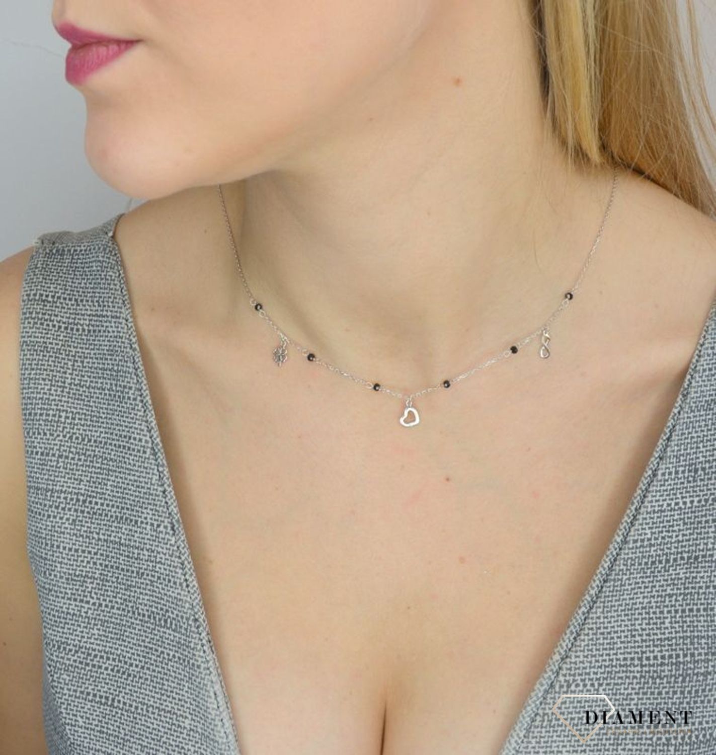 Naszyjnik srebrny damski koniczynka nieskończoność serce 925 DIA-NSZ-2308-925.jpg