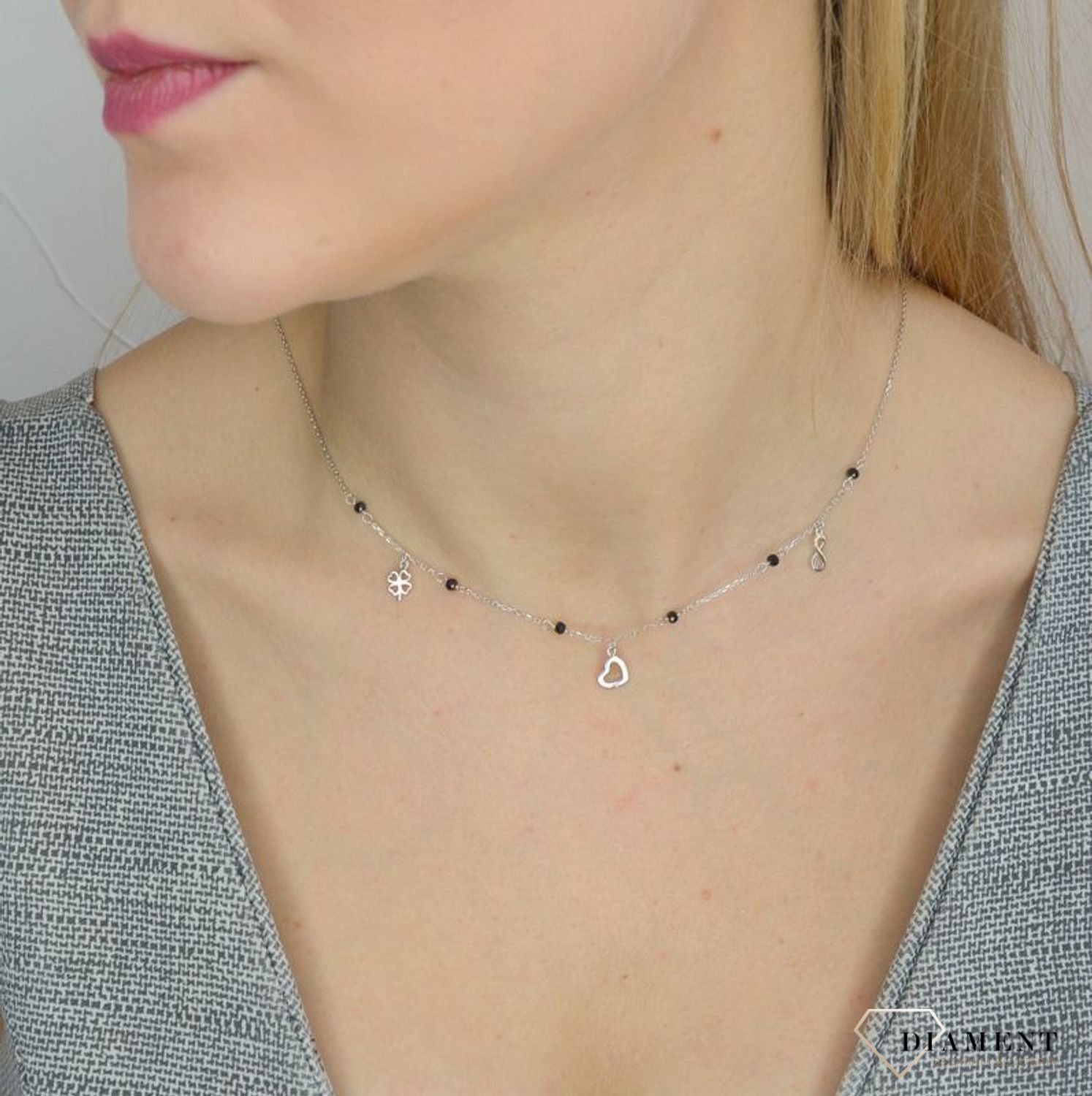 Naszyjnik srebrny damski koniczynka nieskończoność serce 925 DIA-NSZ-2308-925.jpg