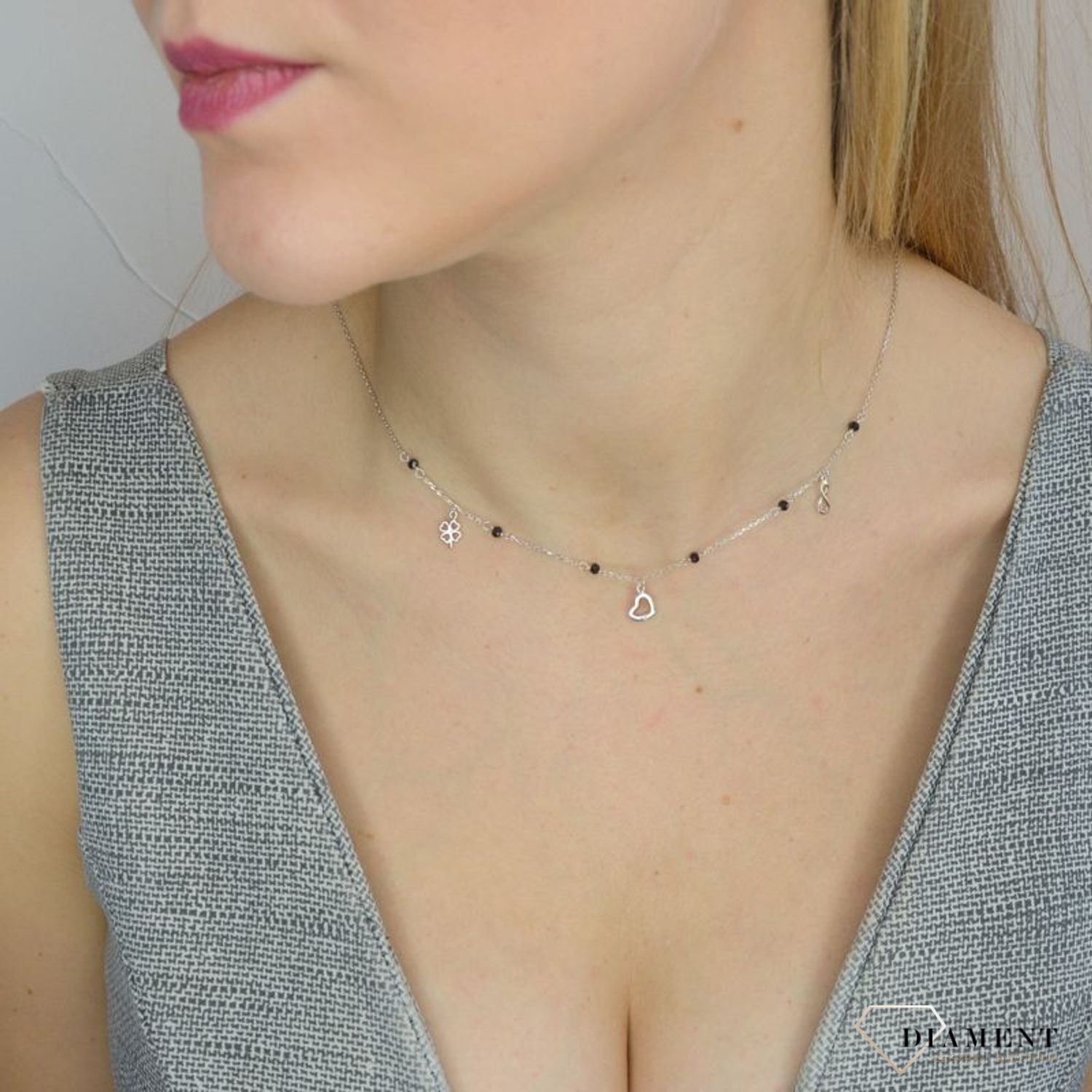 Naszyjnik srebrny damski koniczynka nieskończoność serce 925 DIA-NSZ-2308-925.jpg