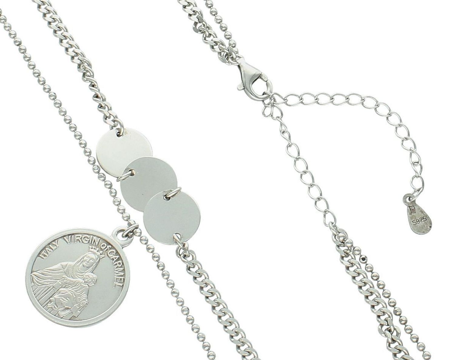Podwójny naszyjnik damski srebrny 925 DIA-NSZ-2395-925 z łańcuszkiem pancerka i kuleczkowym, zdobiony medalikiem z Jezusem i Matką Boską, waga 13,6 g.1.jpg