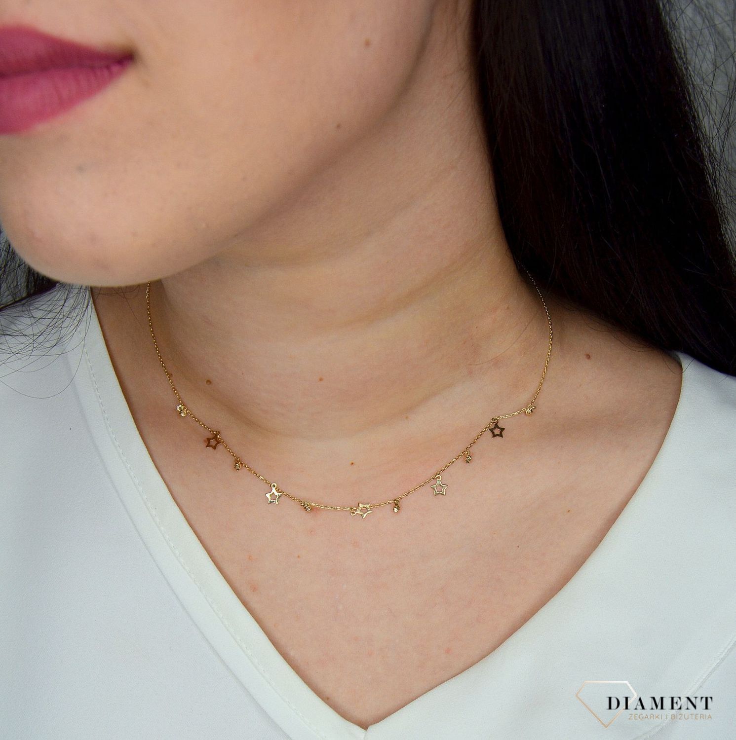 Złoty naszyjnik celebrytka 585 wiszące gwiazdki z kuleczkami DIA-NSZ-2730-585v.jpg