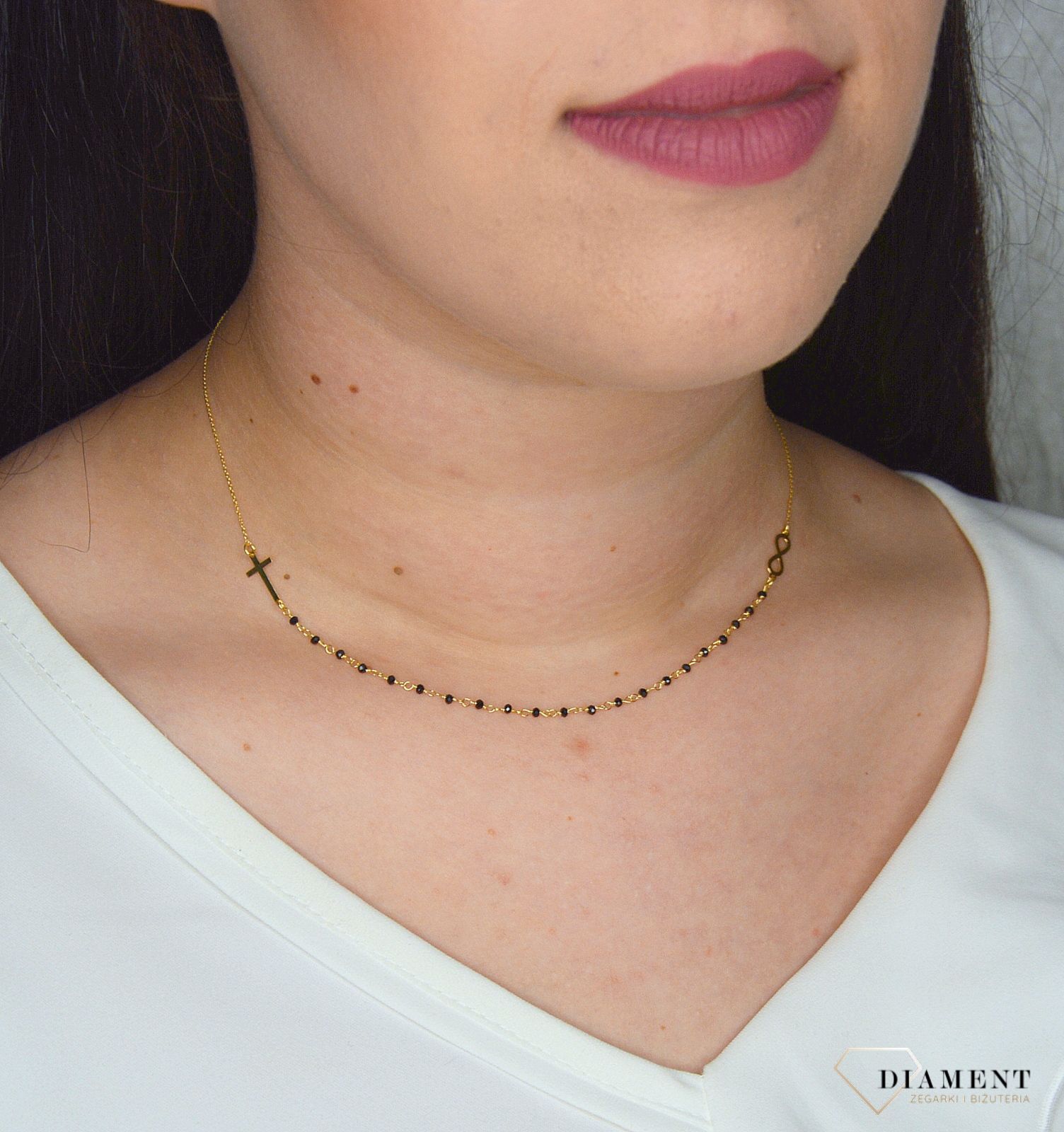 Złoty naszyjnik celebrytka krzyż, znak nieskończoności, koraliki DIA-NSZ-2738-585.jpg