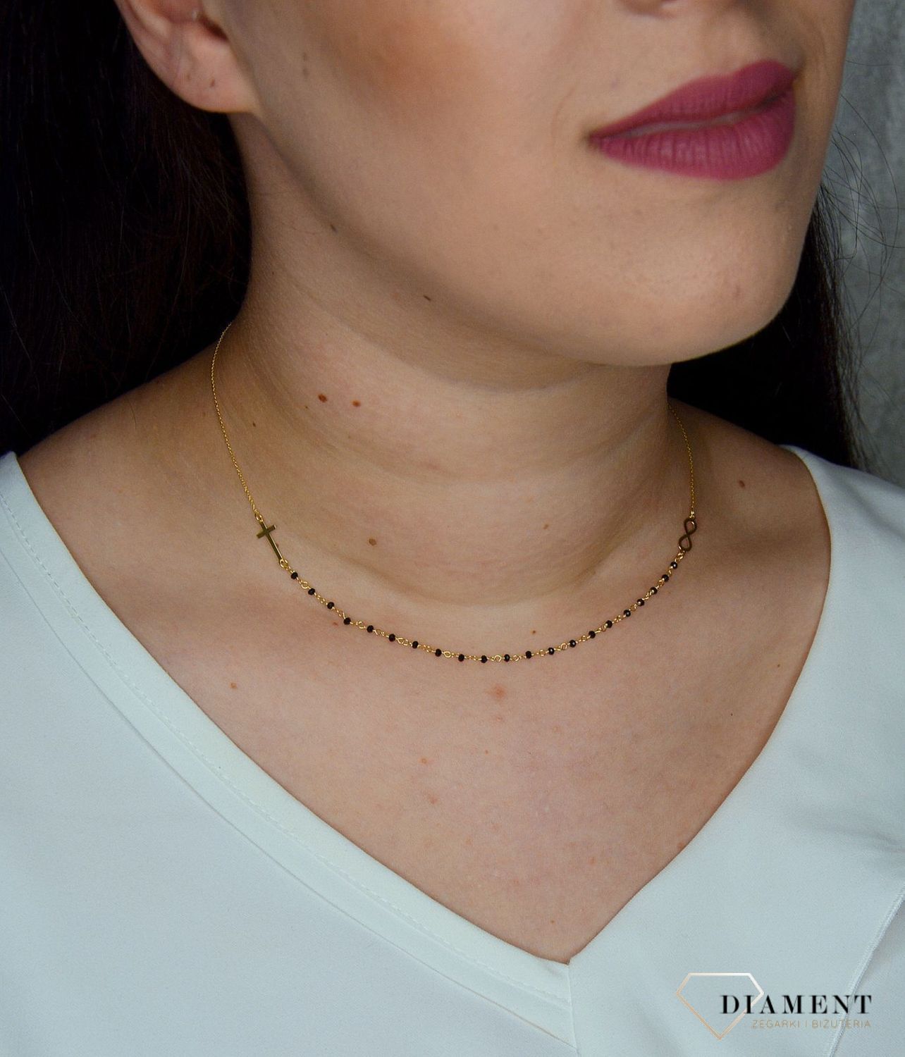 Złoty naszyjnik celebrytka krzyż, znak nieskończoności, koraliki DIA-NSZ-2738-585.jpg