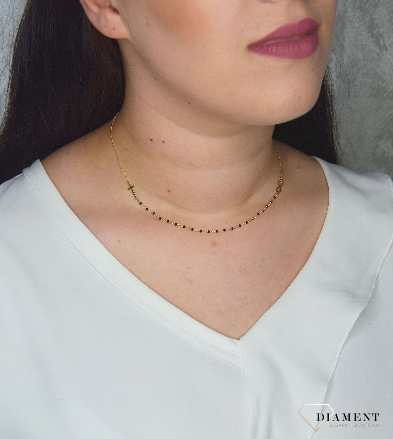 Złoty naszyjnik celebrytka krzyż, znak nieskończoności, koraliki DIA-NSZ-2738-585.jpg