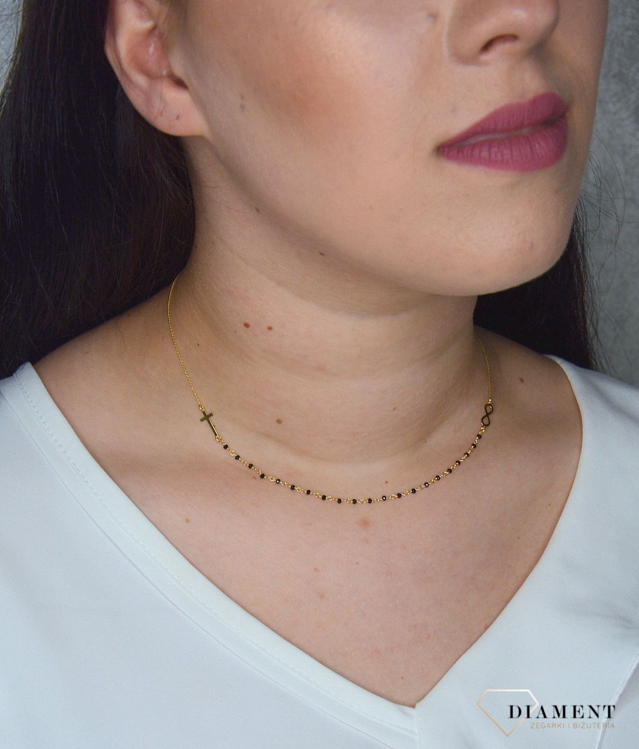 Złoty naszyjnik celebrytka krzyż, znak nieskończoności, koraliki DIA-NSZ-2738-585.jpg
