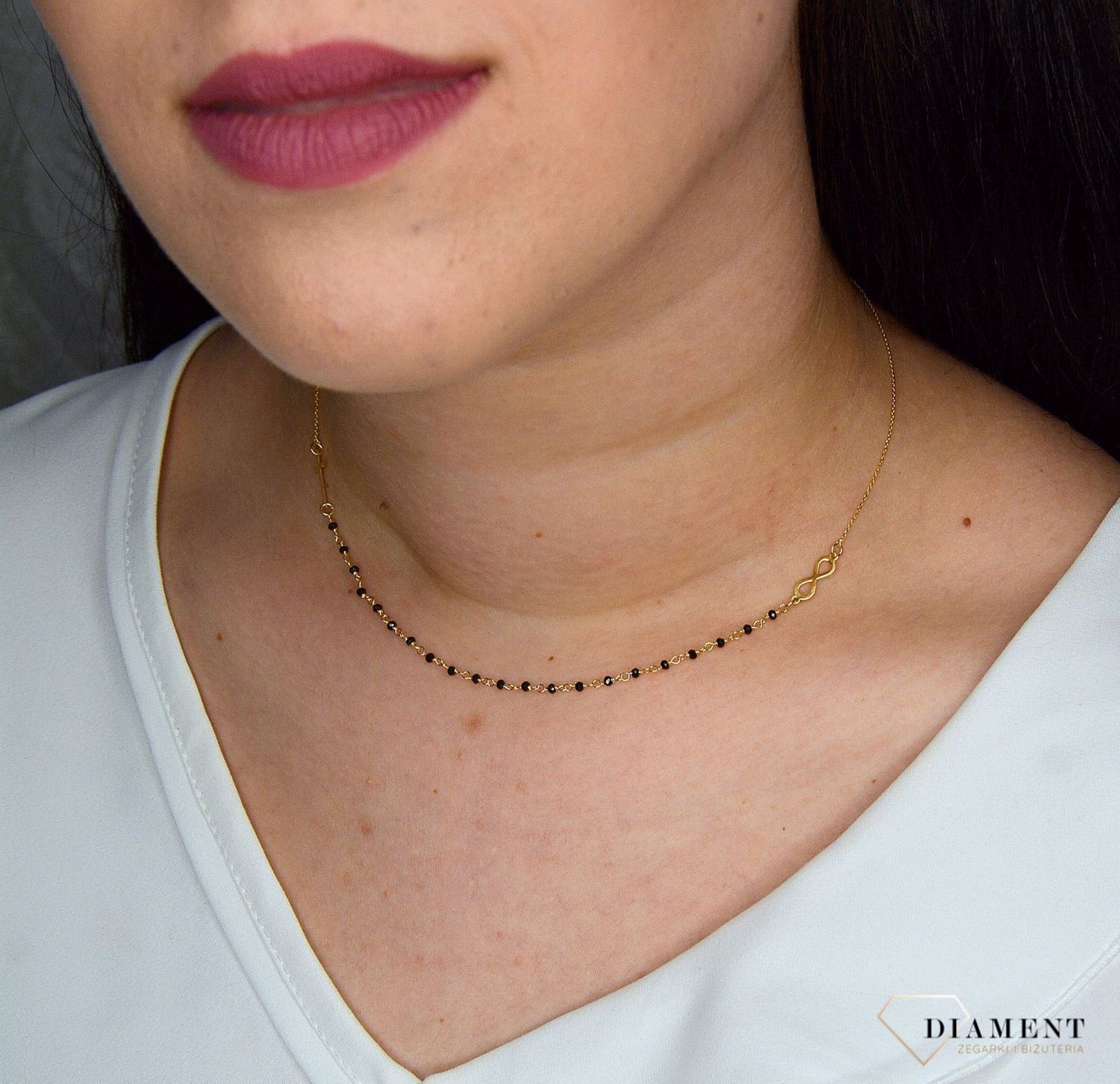 Złoty naszyjnik celebrytka krzyż, znak nieskończoności, koraliki DIA-NSZ-2738-585.jpg