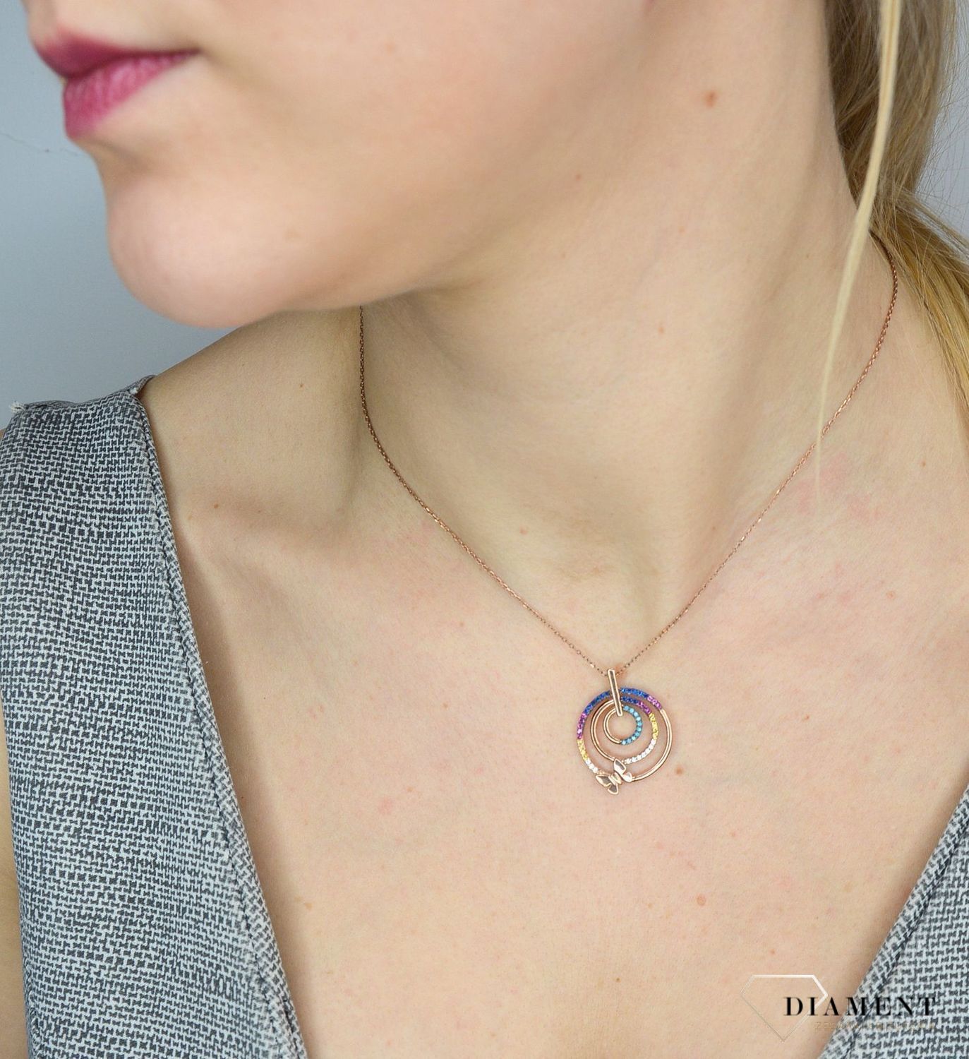 Srebrny naszyjnik pozłacany, motylek i kolorowe kółko DIA-NSZ-2835-925.jpg