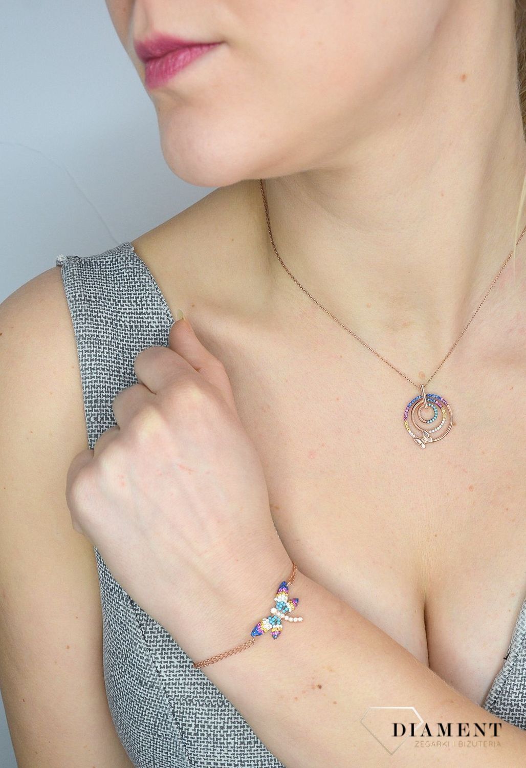 Srebrny naszyjnik pozłacany, motylek i kolorowe kółko DIA-NSZ-2835-925.jpg