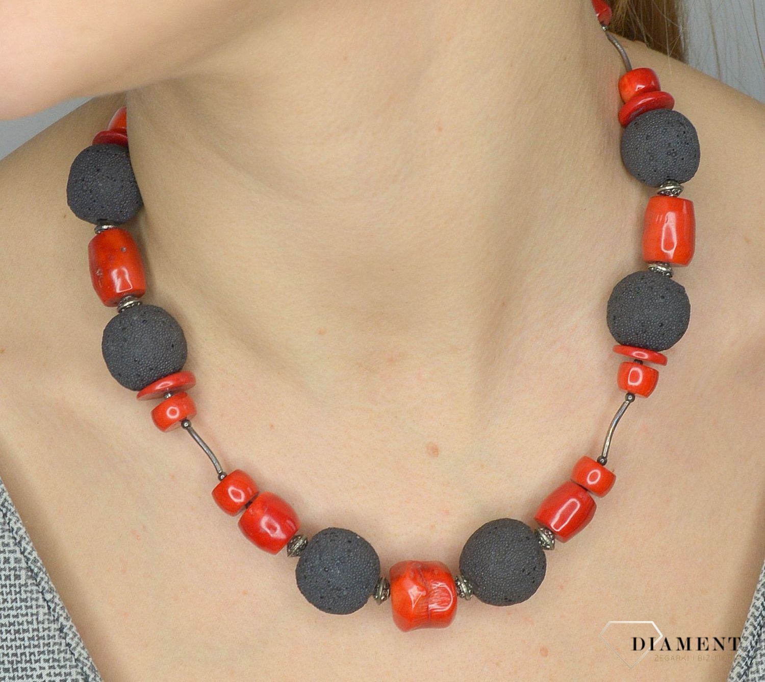 Naszyjnik z kamieniami naturalnymi koral, lawa DIA-NSZ-2843-925. Efektowny naszyjnik z elementami srebra..jpg