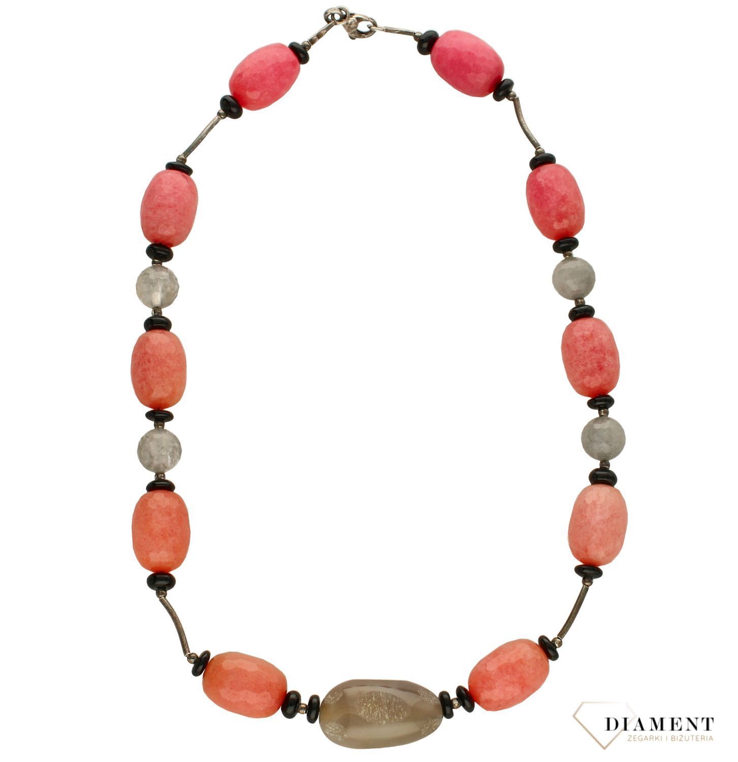 Naszyjnik z kamieniami naturalnymi jadeit, onyks, szary kryształ DIA-NSZ-2845-925. Efektowny naszyjnik z elementami srebra.jpg