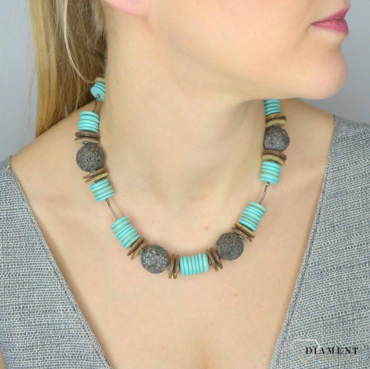 Naszyjnik z kamieniami naturalnymi turkus, lawa, drewno DIA-NSZ-2846-925. Efektowny naszyjnik z elementami srebra.jpg