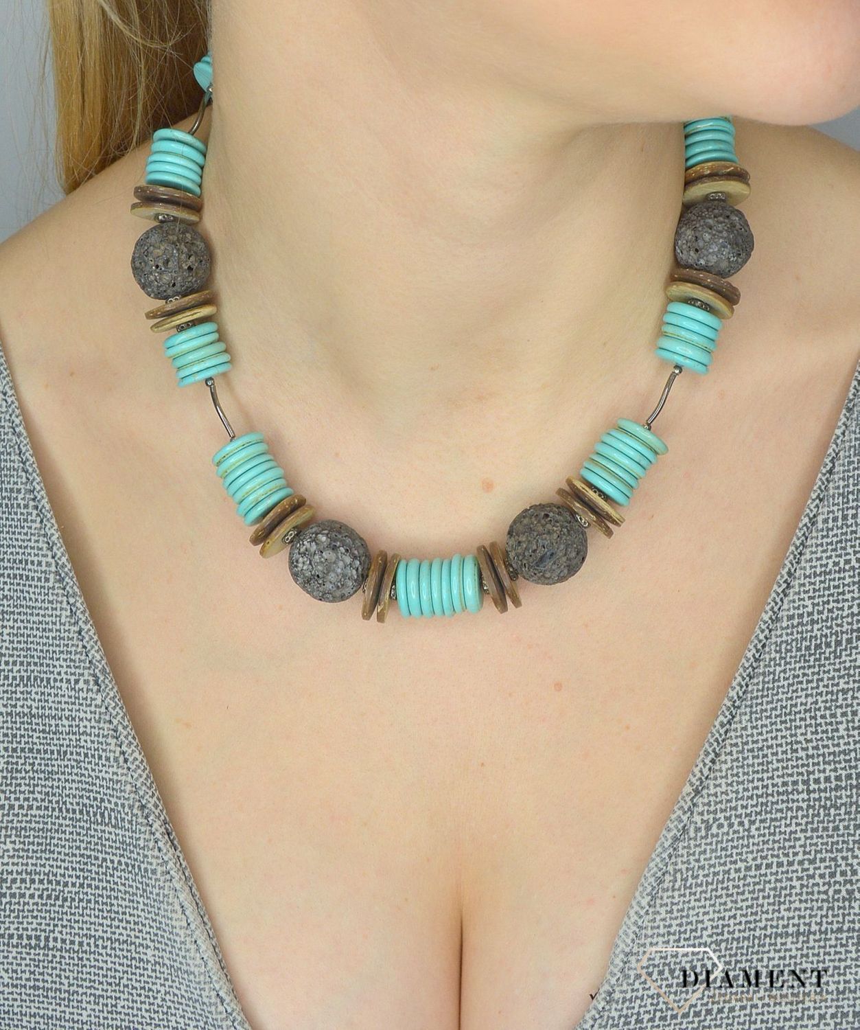 Naszyjnik z kamieniami naturalnymi turkus, lawa, drewno DIA-NSZ-2846-925. Efektowny naszyjnik z elementami srebra.jpg