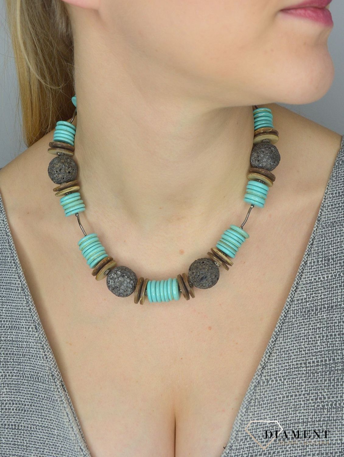 Naszyjnik z kamieniami naturalnymi turkus, lawa, drewno DIA-NSZ-2846-925. Efektowny naszyjnik z elementami srebra.jpg