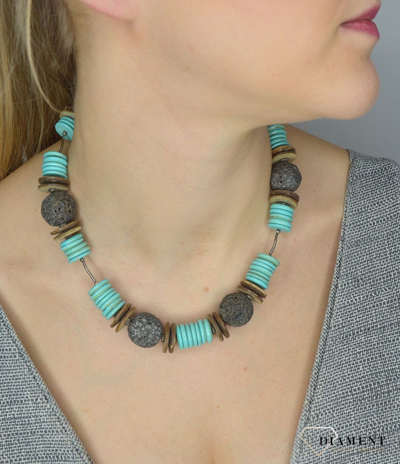 Naszyjnik z kamieniami naturalnymi turkus, lawa, drewno DIA-NSZ-2846-925. Efektowny naszyjnik z elementami srebra.jpg