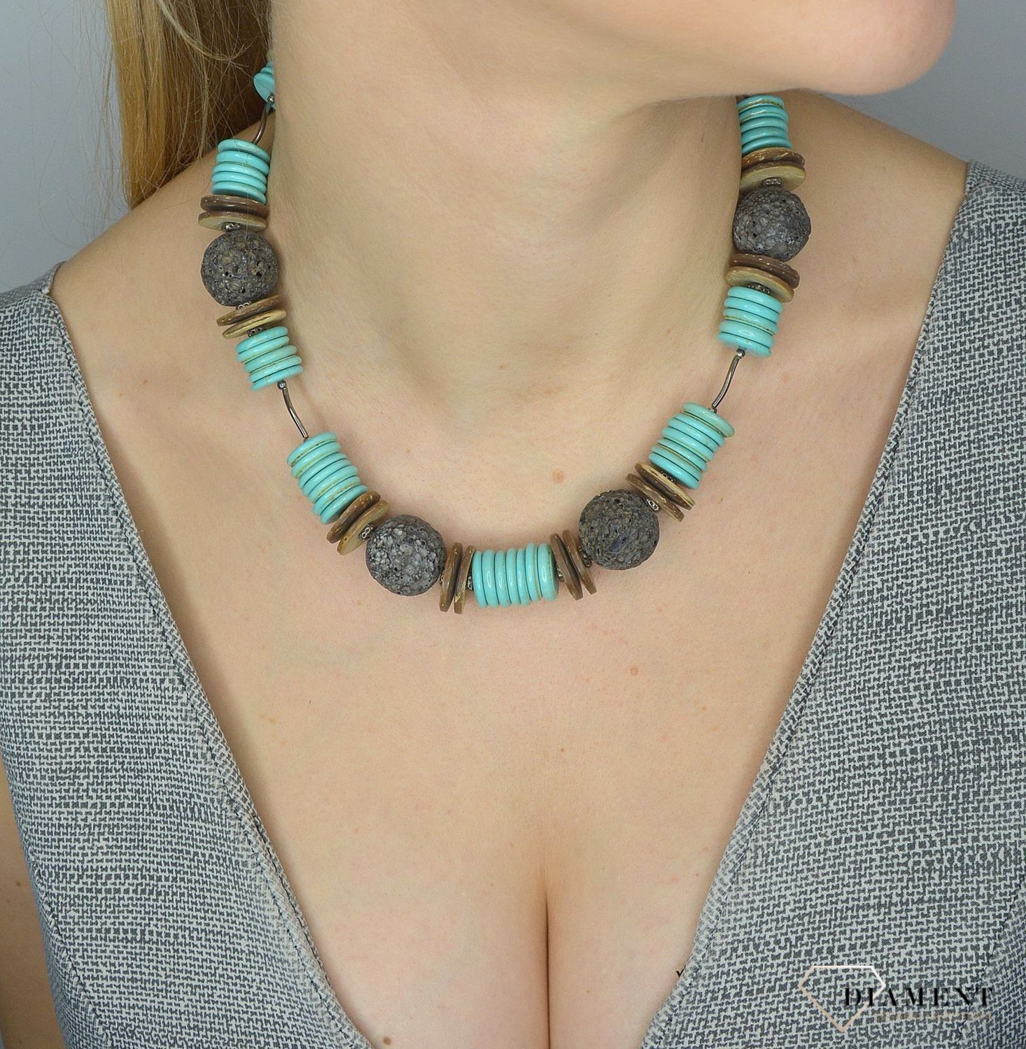 Naszyjnik z kamieniami naturalnymi turkus, lawa, drewno DIA-NSZ-2846-925. Efektowny naszyjnik z elementami srebra.jpg