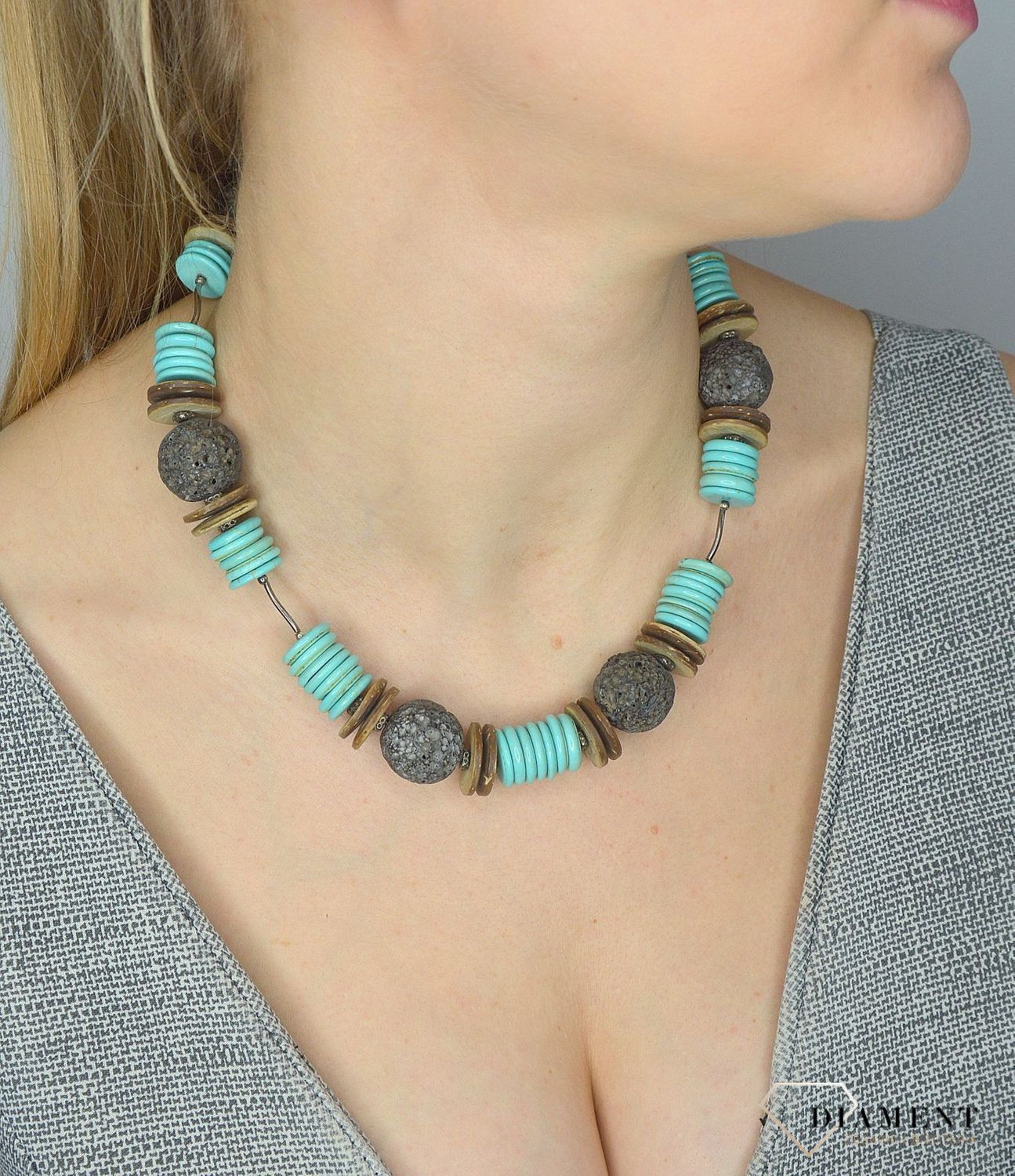 Naszyjnik z kamieniami naturalnymi turkus, lawa, drewno DIA-NSZ-2846-925. Efektowny naszyjnik z elementami srebra.jpg