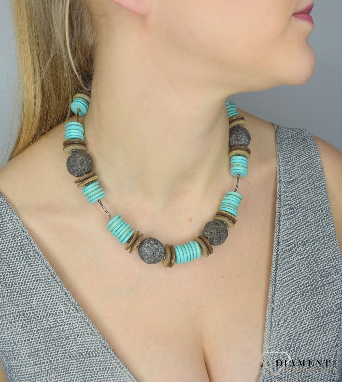 Naszyjnik z kamieniami naturalnymi turkus, lawa, drewno DIA-NSZ-2846-925. Efektowny naszyjnik z elementami srebra.jpg