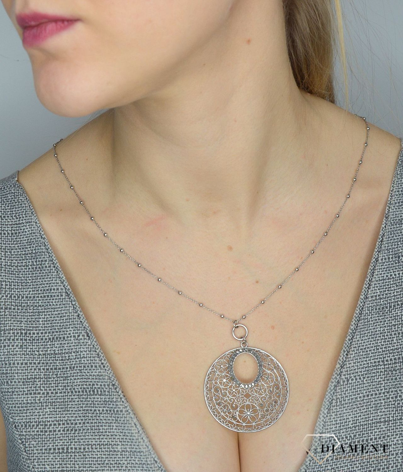 Srebrny naszyjnik damski z dużą ażurową zawieszką DIA-NSZ-2851-925✓Naszyjniki Damskie w Sklepie z Biżuterią zegarki-diament.pl✓.jpg
