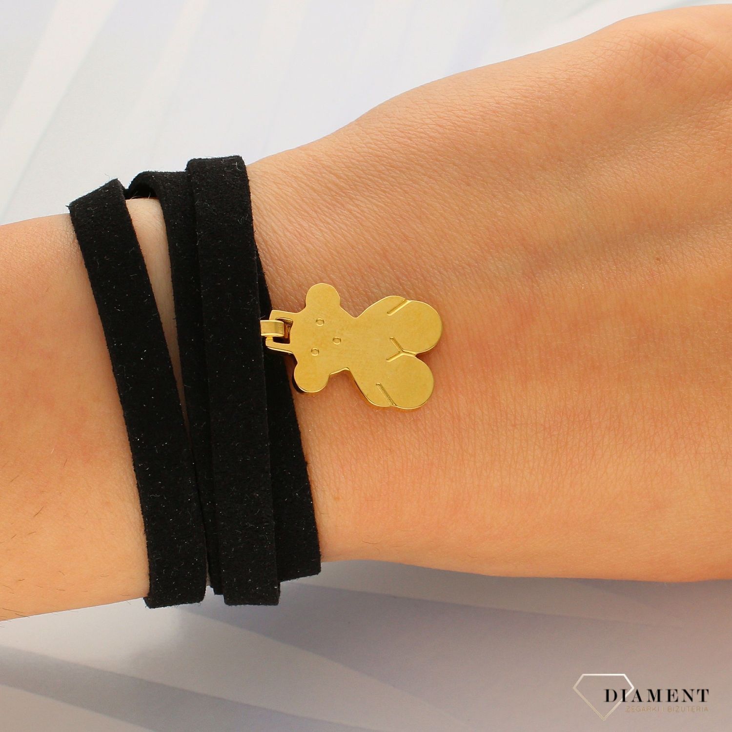 Naszyjnik choker czarny rzemyk z pozłacanym misiem DIA-NSZ-2881-INNE.jpg