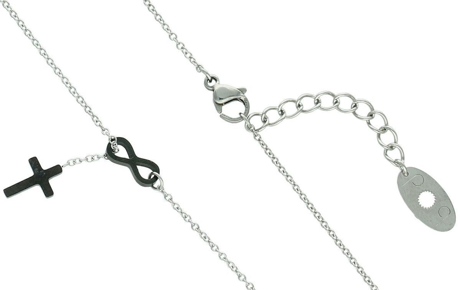 Naszyjnik damski stalowy DIA-NSZ-2883-STAL z czarnym krzyżykiem i znakiem nieskończoności. Długość 49 + 3 cm. Symboliczna i elegancka biżuteria dla nowoczesnych kobiet.1.jpg