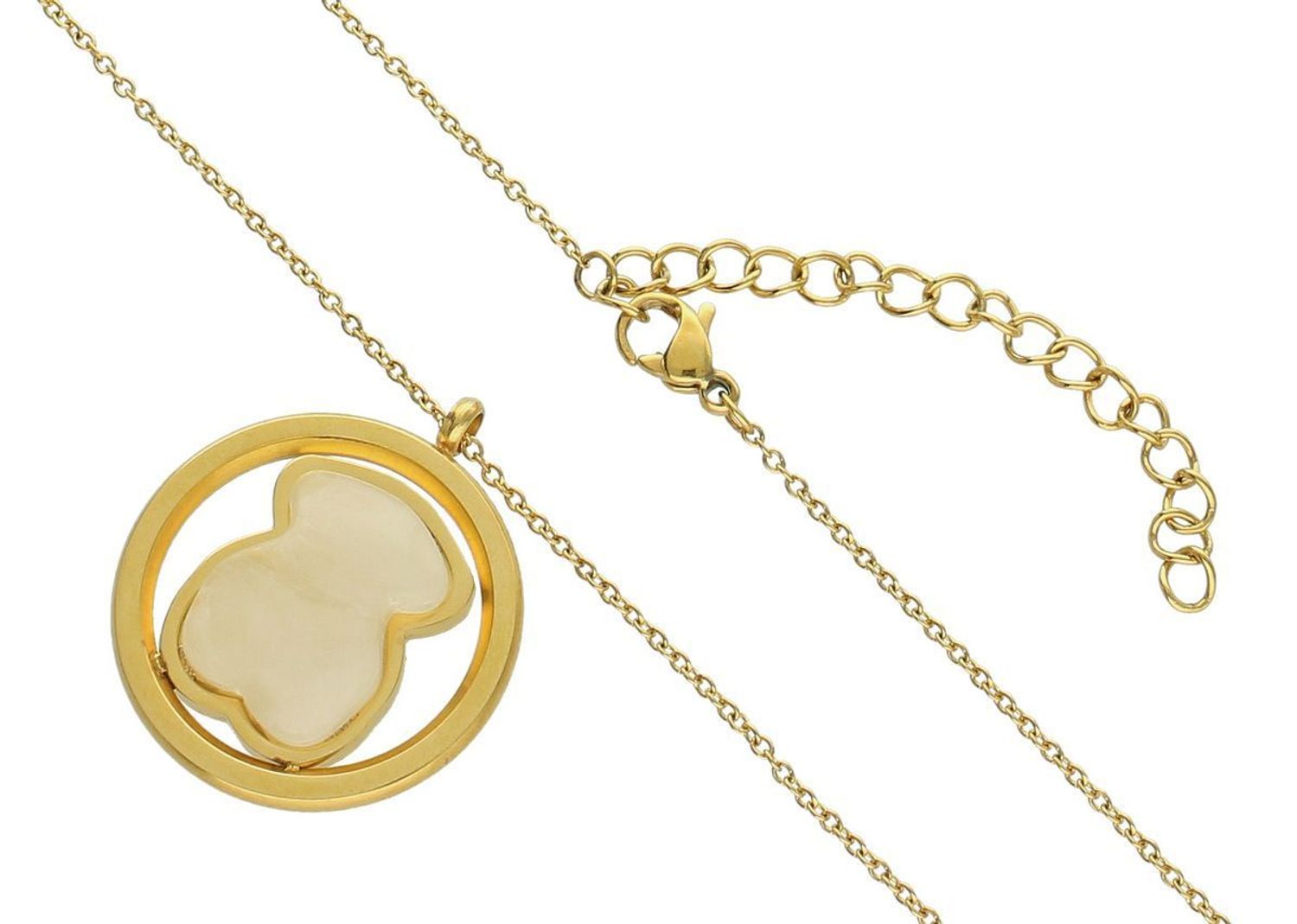 Naszyjnik damski stalowy pozłacany z perłowym misiem. Długość 45 + 5 cm, zapięcie na karabińczyk. Subtelna i urocza biżuteria – idealna na prezent!1.jpg