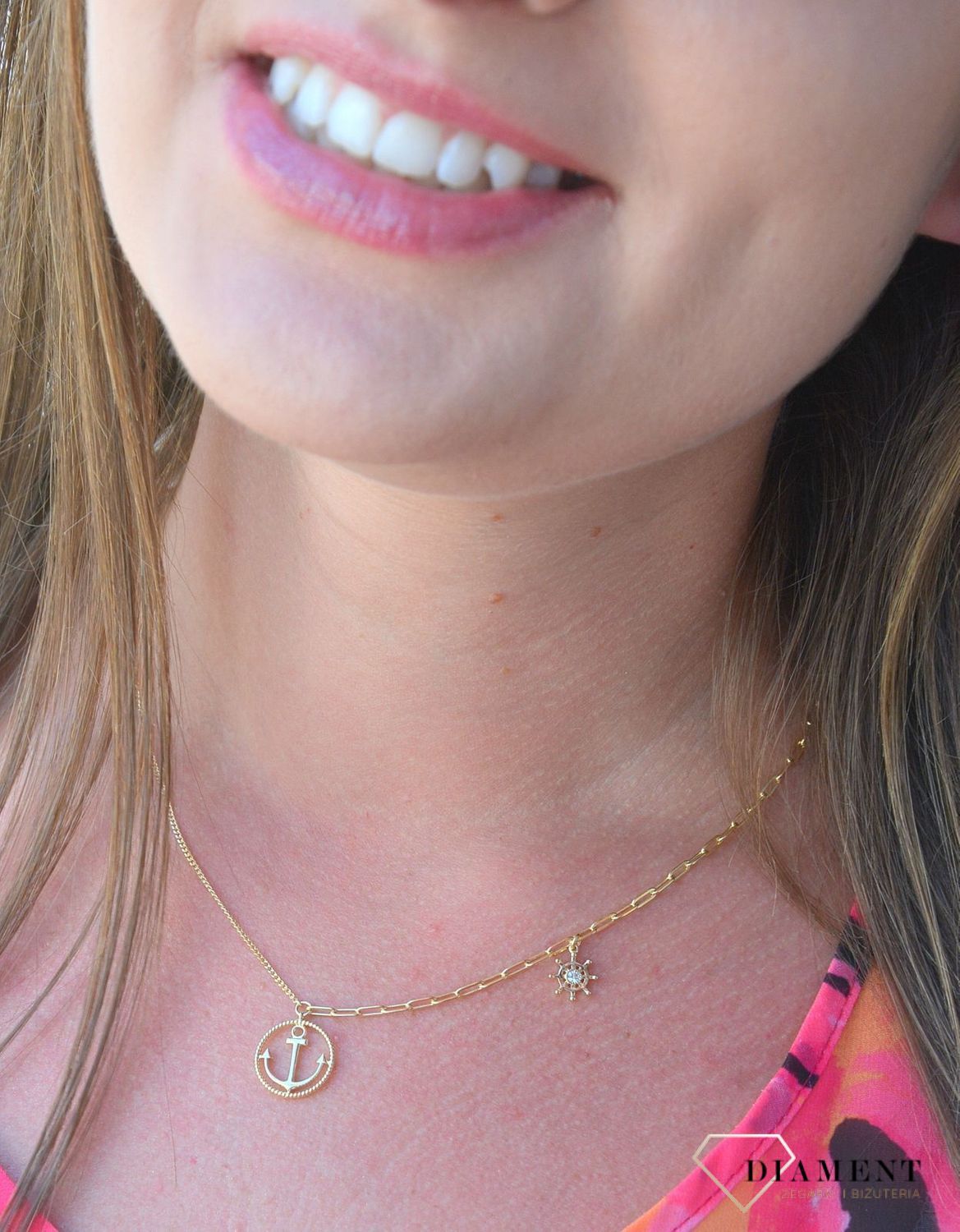 Naszyjnik pozłacany z elementami marynistycznymi kotwica i ster DIA-NSZ-3061-925.jpg