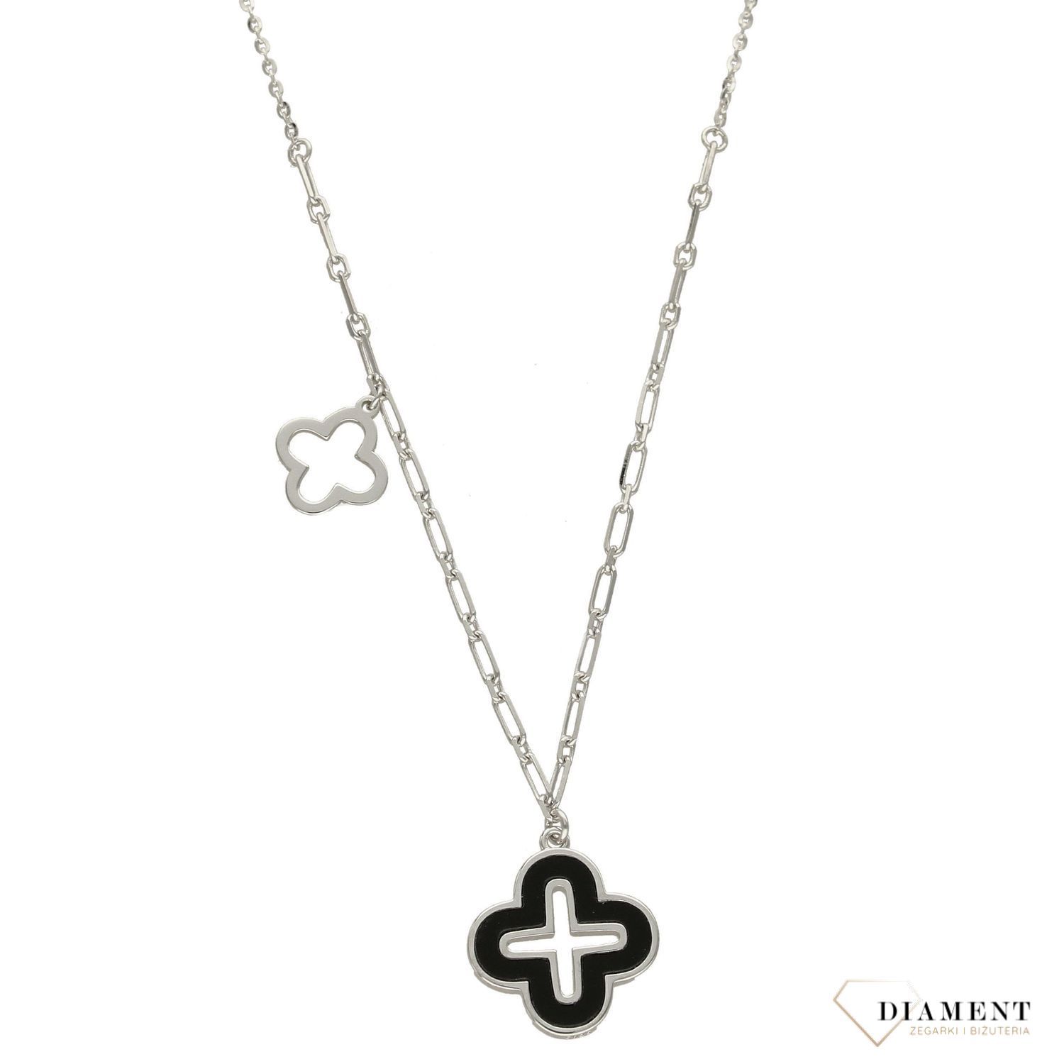Naszyjnik srebrny z czarną i srebrną koniczynką DIA-NSZ-3064-925 regulacja długości.jpg
