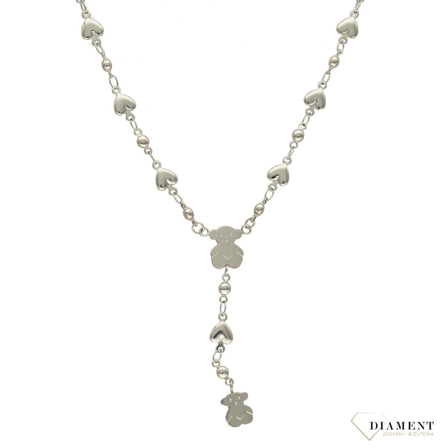 Stalowy naszyjnik krawatka z serduszkami i misiem TiOUS DIA-NSZ-3303-STAL.jpg