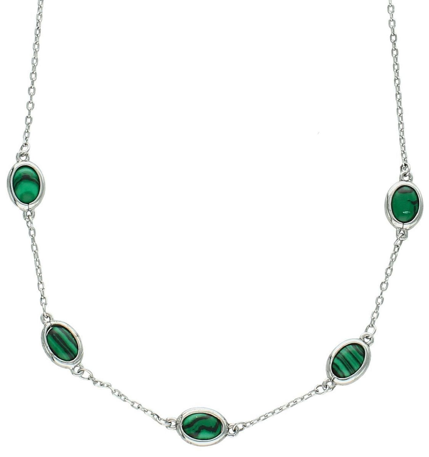 Srebrny naszyjnik damski próba 925 z malachitem, pięcioma owalnymi zawieszkami (8 mm x 5 mm), długość 38 cm + 7 cm przedłużenia. Zapięcie na karabińczyk, lekki i elegancki..jpg