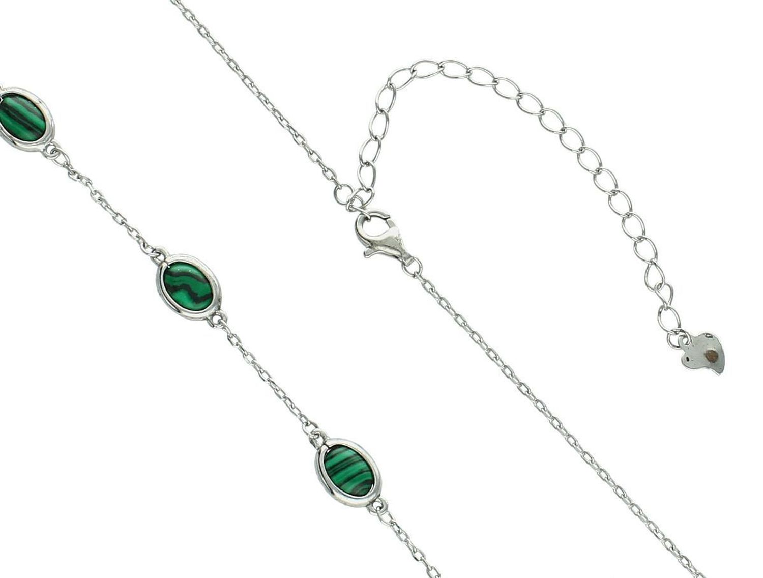 Srebrny naszyjnik damski próba 925 z malachitem, pięcioma owalnymi zawieszkami (8 mm x 5 mm), długość 38 cm + 7 cm przedłużenia. Zapięcie na karabińczyk, lekki i elegancki..jpg
