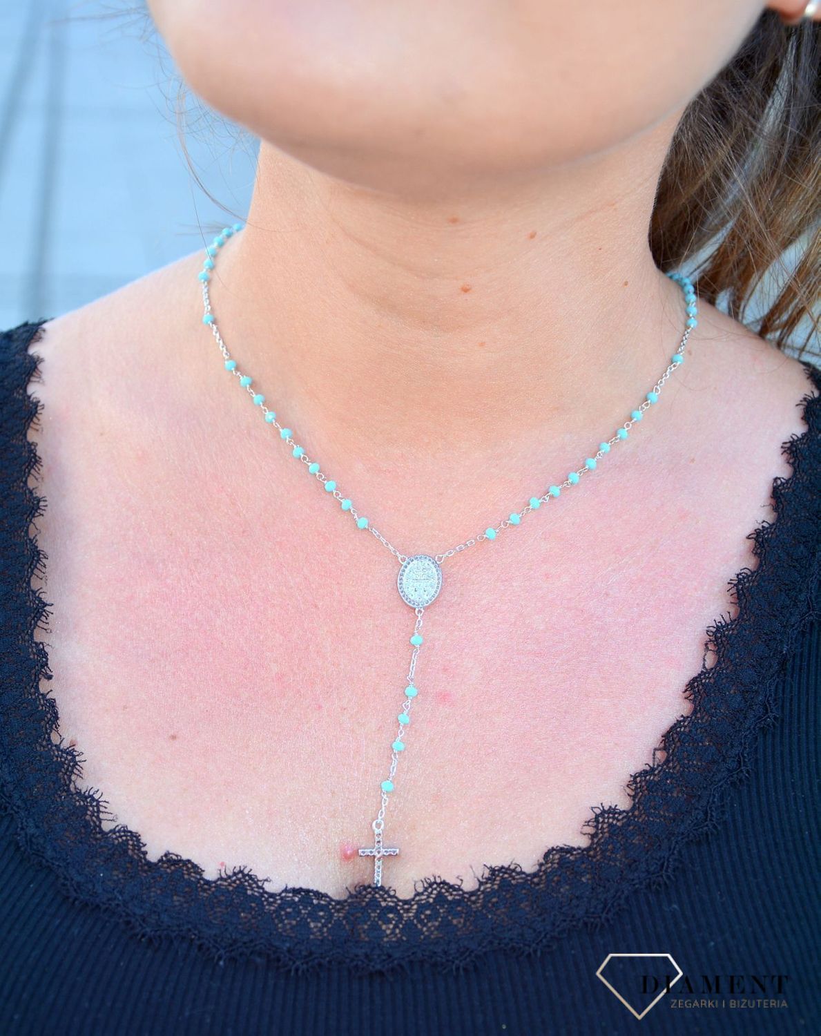 Srebrny naszyjnik różaniec niebieskie koraliki DIA-NSZ-3586-925.jpg