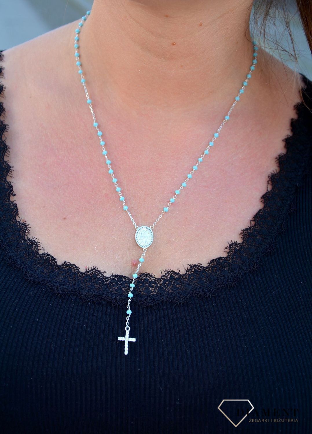 Srebrny naszyjnik różaniec niebieskie koraliki DIA-NSZ-3586-925.jpg