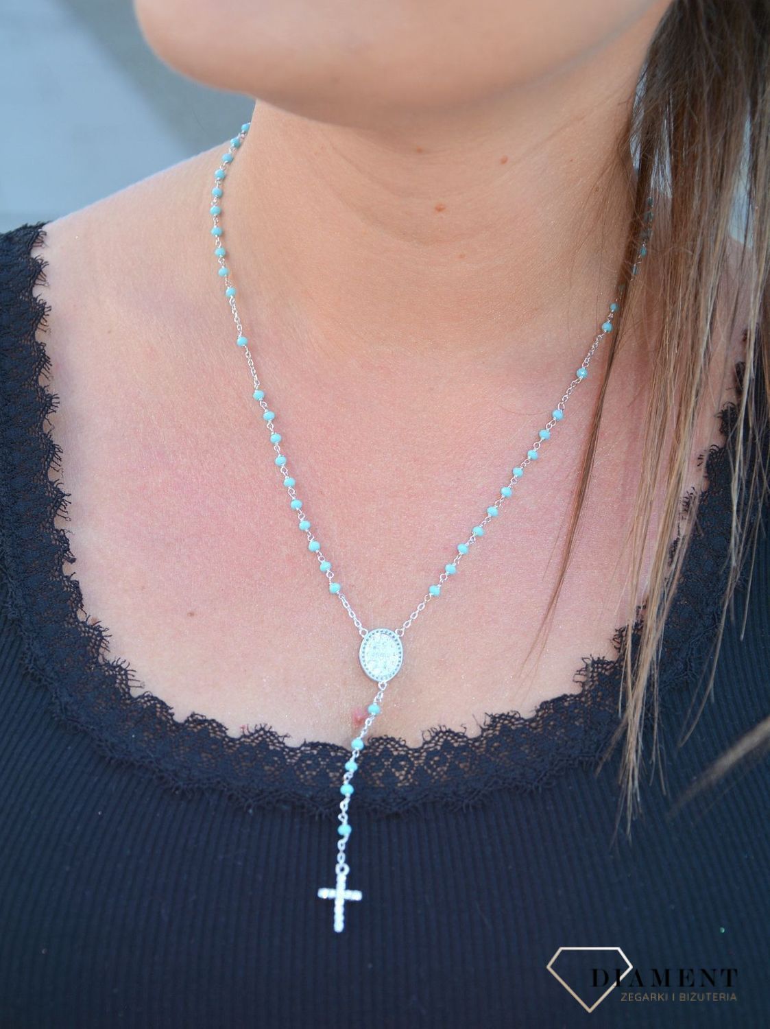 Srebrny naszyjnik różaniec niebieskie koraliki DIA-NSZ-3586-925.jpg