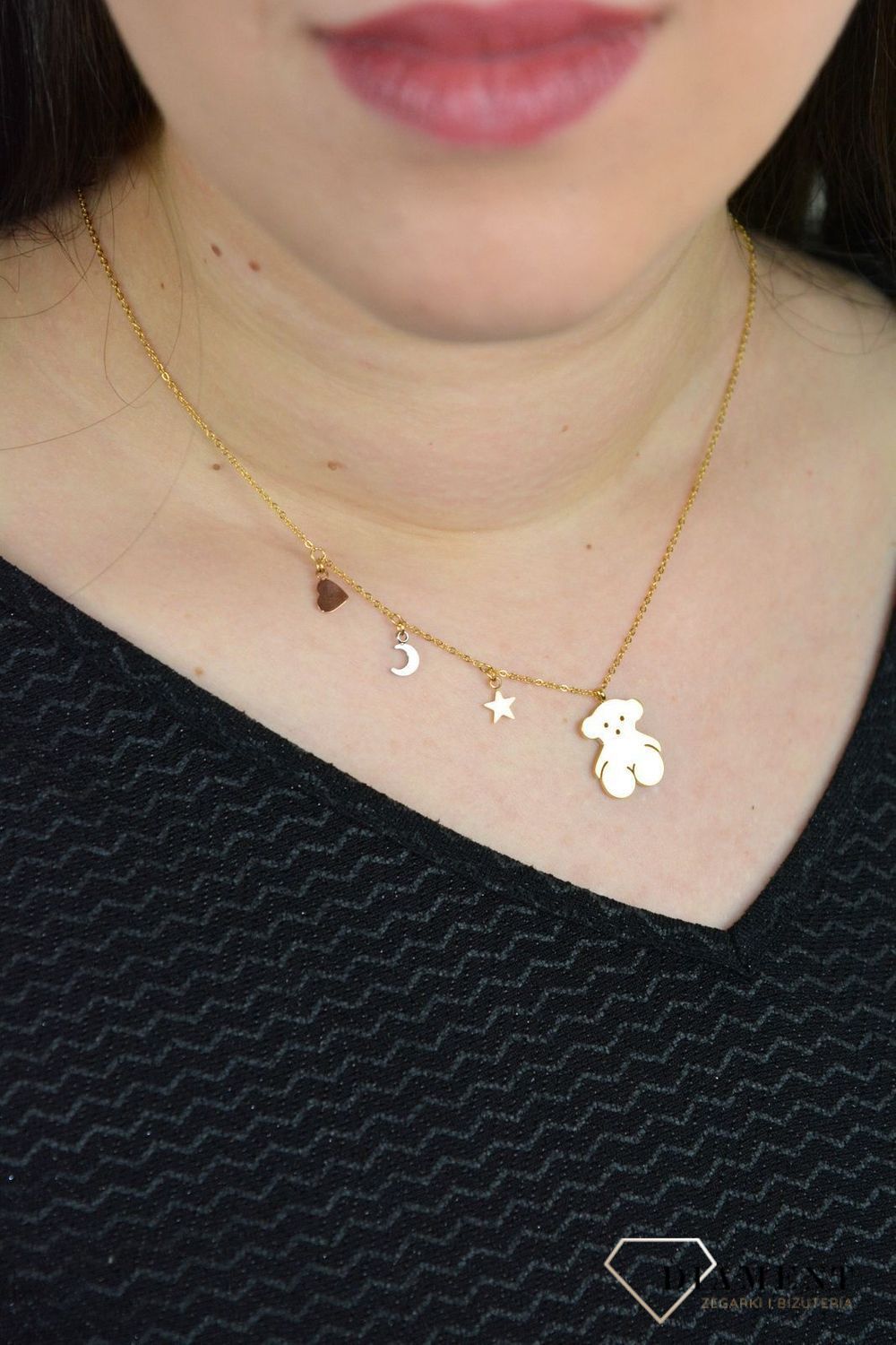 Naszyjnik damski pozłacana celebrytka miś, gwiazdka, księżyc i serduszko DIA-NSZ-3870-STAL.jpg