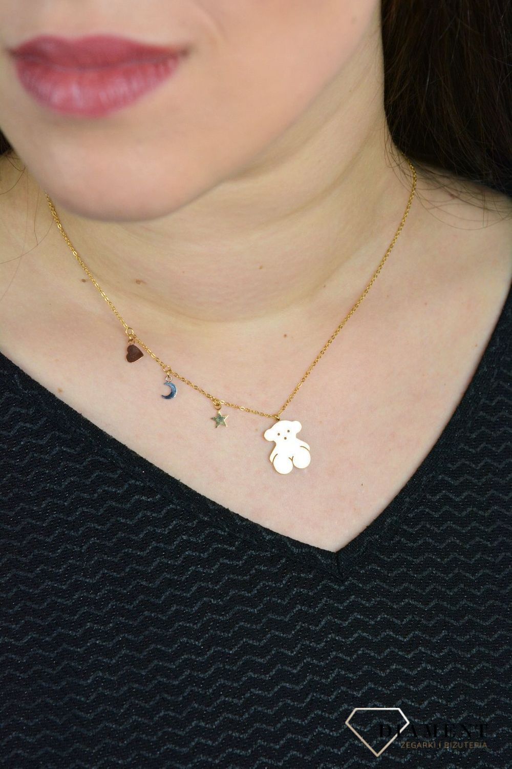 Naszyjnik damski pozłacana celebrytka miś, gwiazdka, księżyc i serduszko DIA-NSZ-3870-STAL.jpg