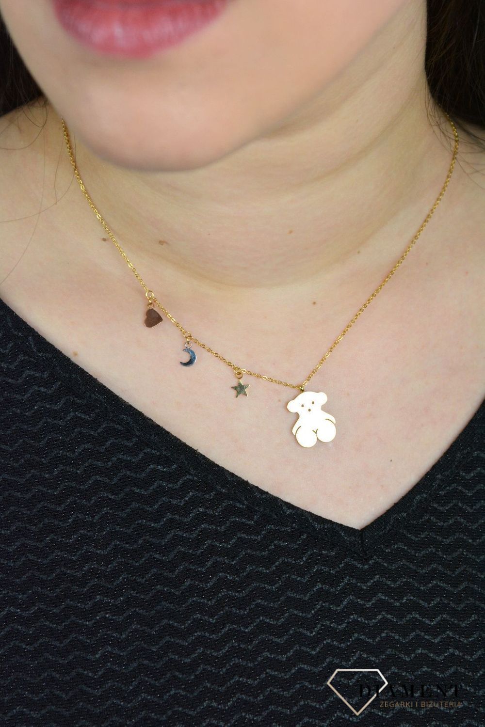 Naszyjnik damski pozłacana celebrytka miś, gwiazdka, księżyc i serduszko DIA-NSZ-3870-STAL.jpg
