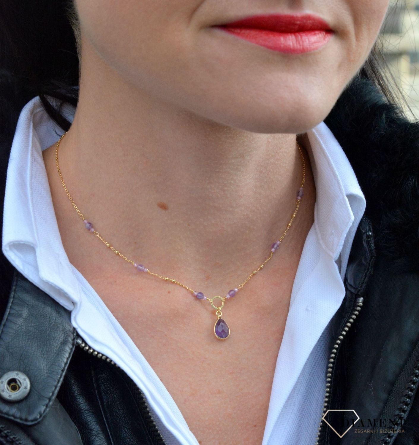 Naszyjnik damski z kamieniami naturalnymi ametyst, cyrkonia DIA-NSZ-3990-925.jpg
