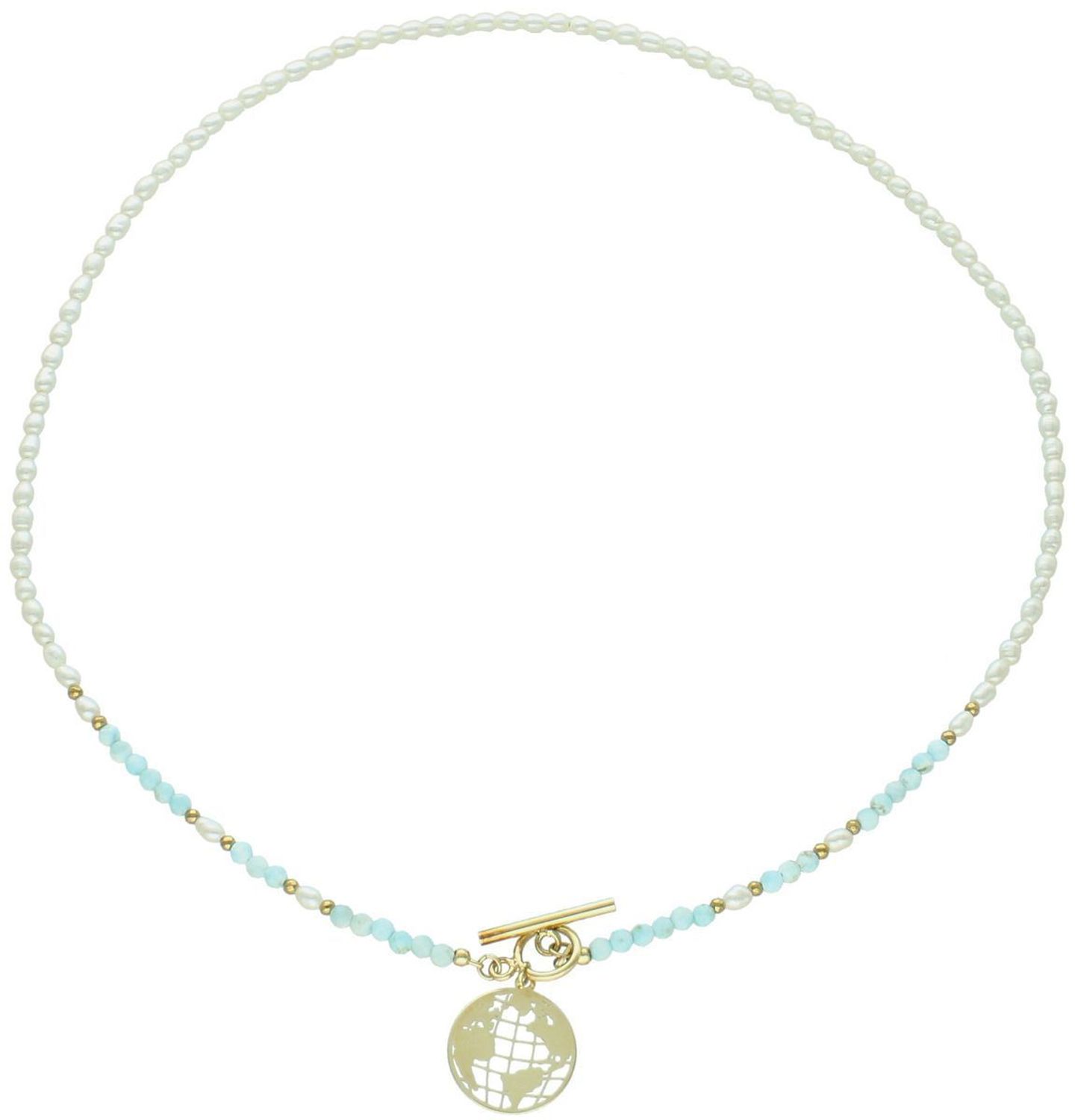 Naszyjnik srebrny pozłacany 925 z naturalnymi perłami, larimarem i zawieszką Ziemia. Długość 50 cm, waga 8 g, elegancki dodatek dla kobiet1.jpg