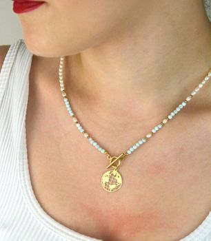 Naszyjnik srebrny pozłacany 925 z naturalnymi perłami, larimarem i zawieszką Ziemia. Długość 50 cm, waga 8 g, elegancki dodatek dla kobiet (4).JPG