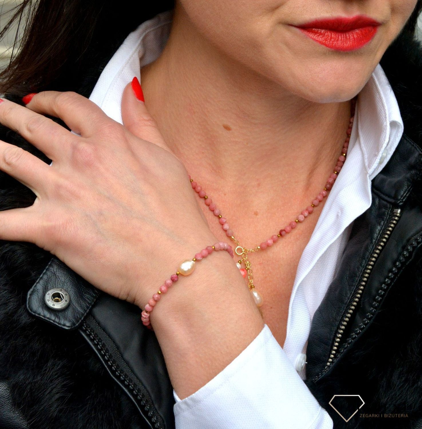 Naszyjnik damski z kamieniami naturalnymi rodonit, koral, perła, hematyt DIA-NSZ-4004-925.jpg