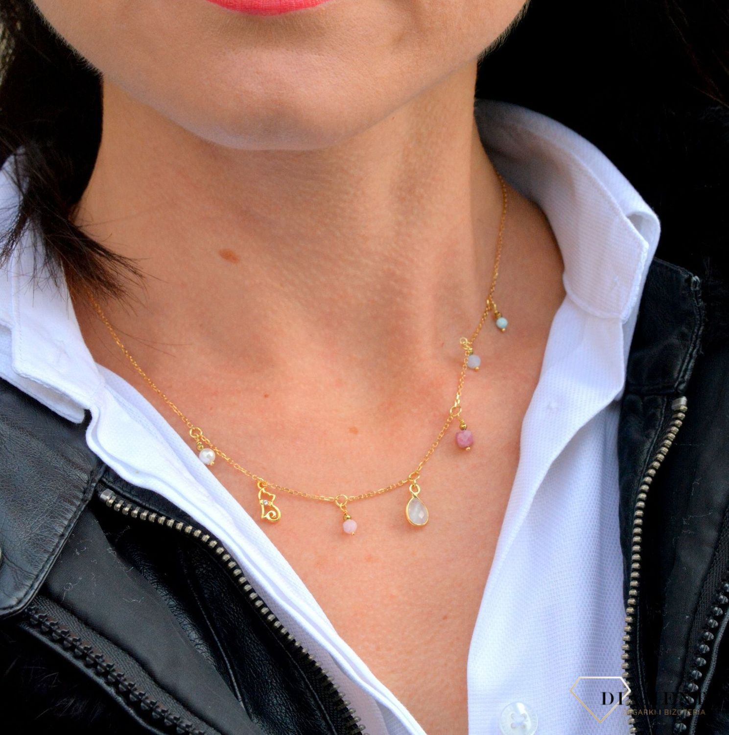 Naszyjnik damski z kamieniami naturalnymi kamień księżycowy, rodonit, chalcedon.jpg