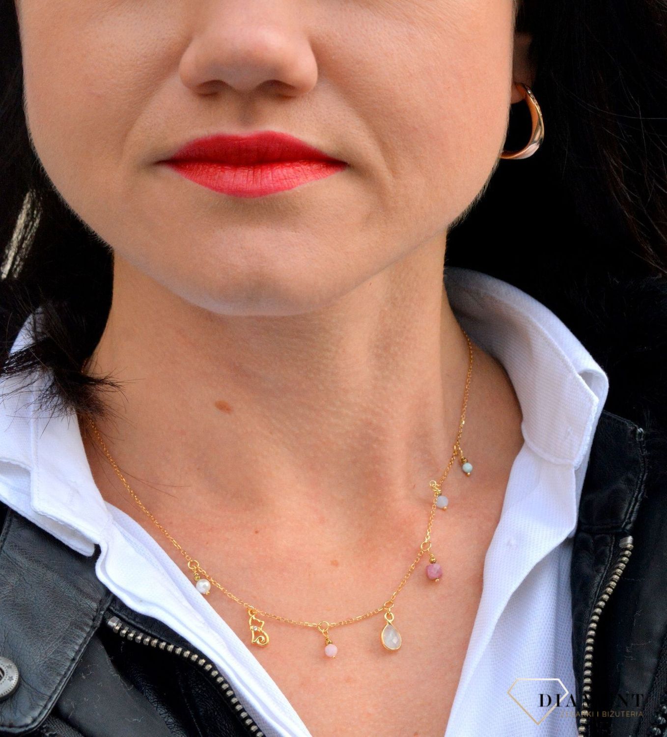 Naszyjnik damski z kamieniami naturalnymi kamień księżycowy, rodonit, chalcedon.jpg