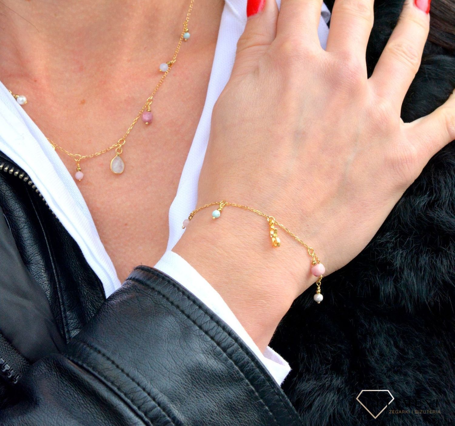 Naszyjnik damski z kamieniami naturalnymi kamień księżycowy, rodonit, chalcedon.jpg