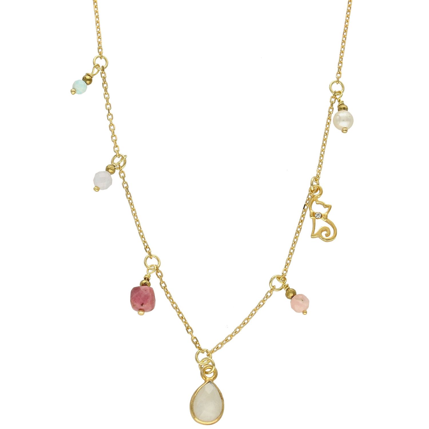 Naszyjnik damski z kamieniami naturalnymi kamień księżycowy, rodonit, chalcedon.jpg