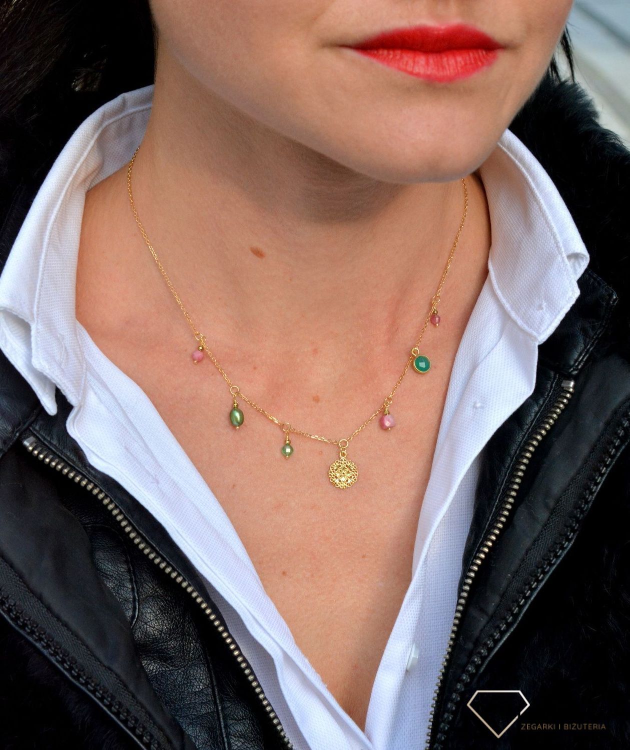 Naszyjnik damski z kamieniami naturalnymi zielony onyks, rodonit, perła, turmalin DIA-NSZ-4023-925.jpg