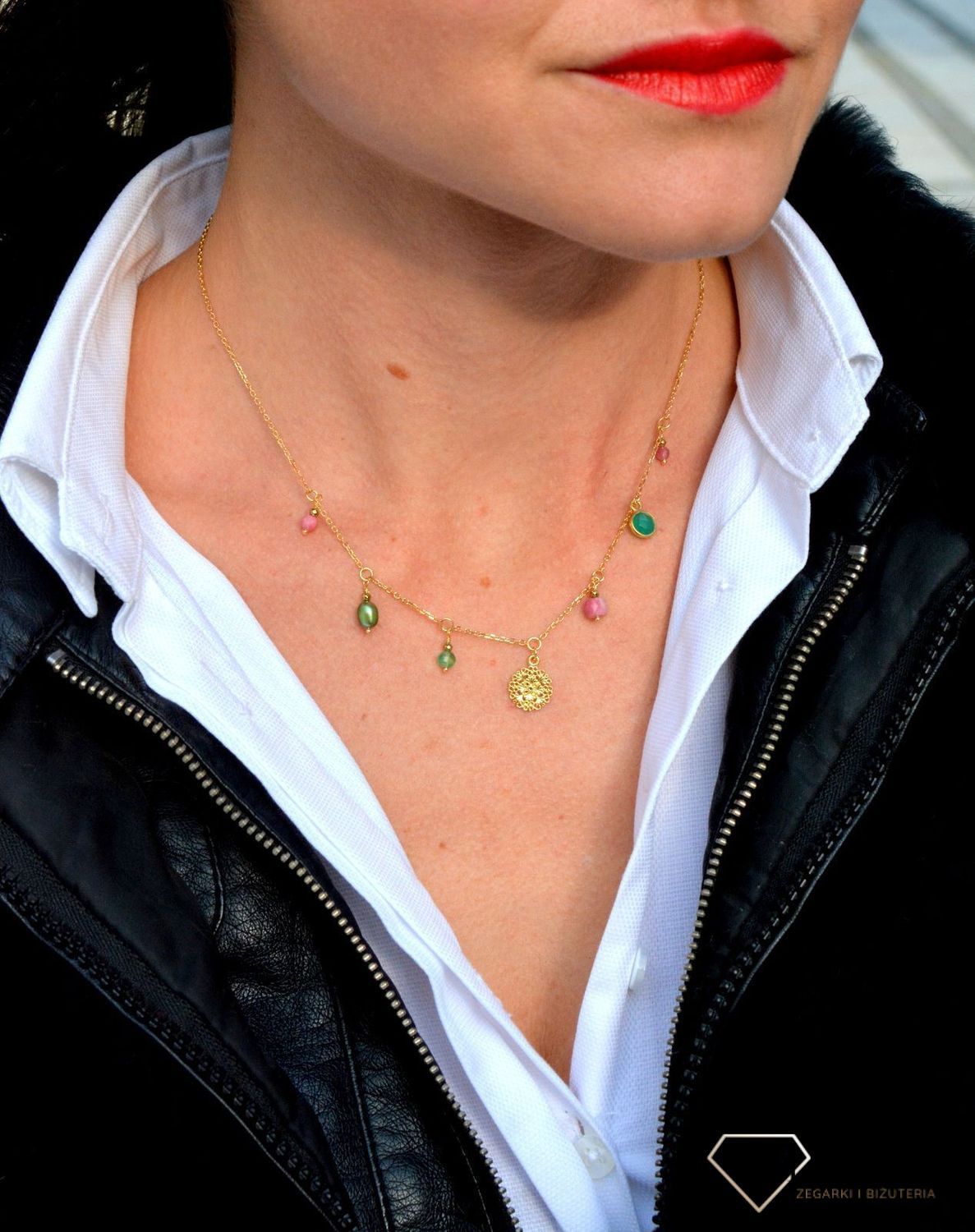 Naszyjnik damski z kamieniami naturalnymi zielony onyks, rodonit, perła, turmalin DIA-NSZ-4023-925.jpg
