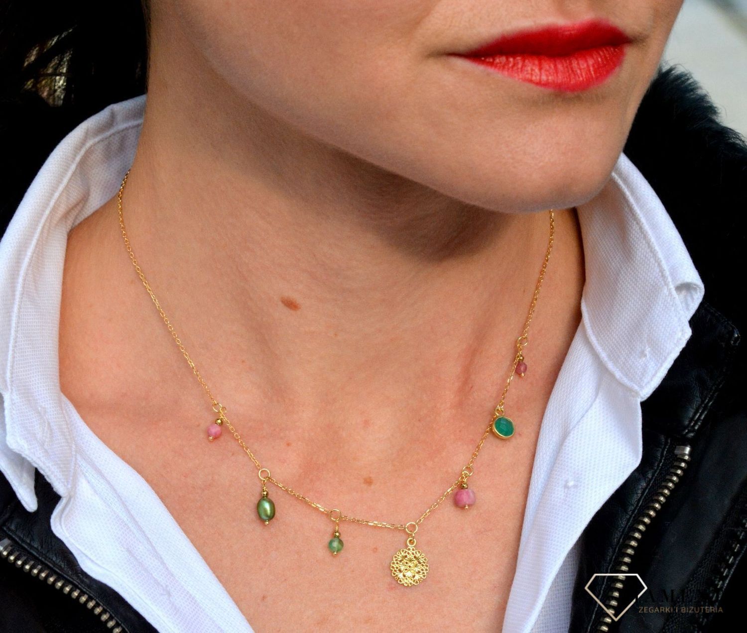 Naszyjnik damski z kamieniami naturalnymi zielony onyks, rodonit, perła, turmalin DIA-NSZ-4023-925.jpg