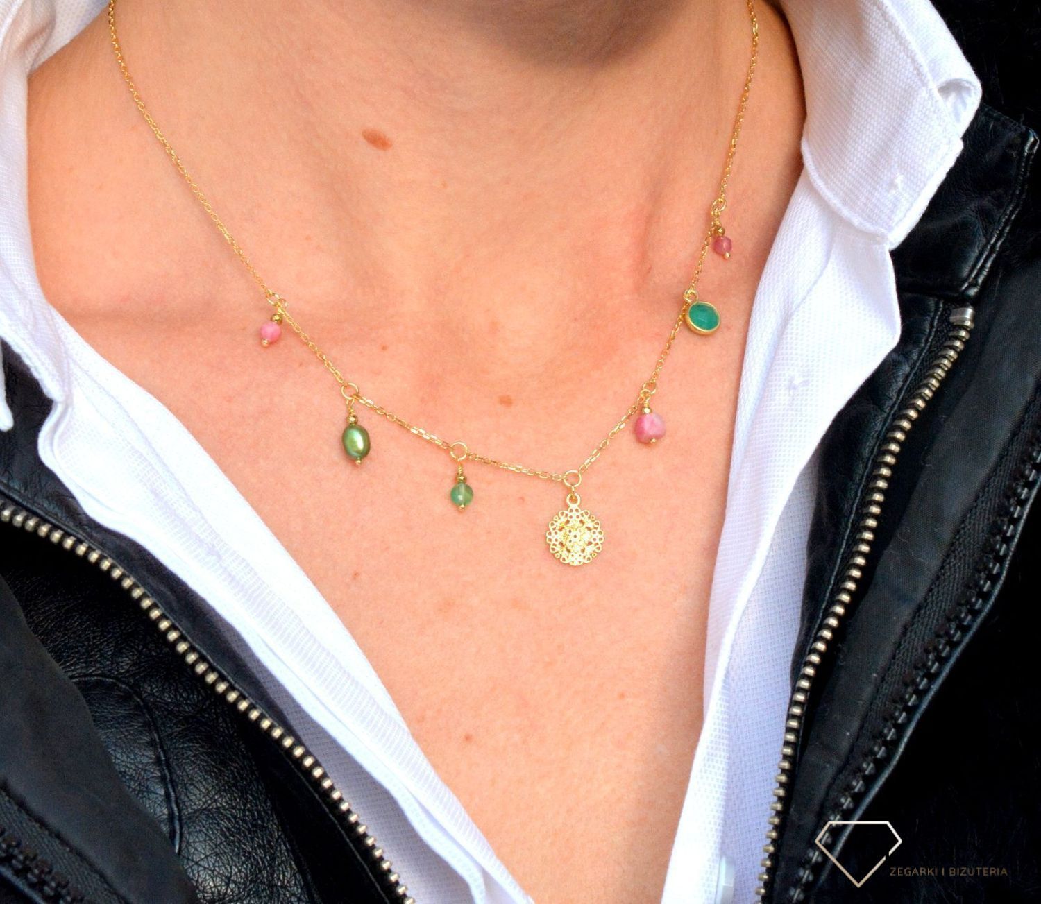 Naszyjnik damski z kamieniami naturalnymi zielony onyks, rodonit, perła, turmalin DIA-NSZ-4023-925.jpg