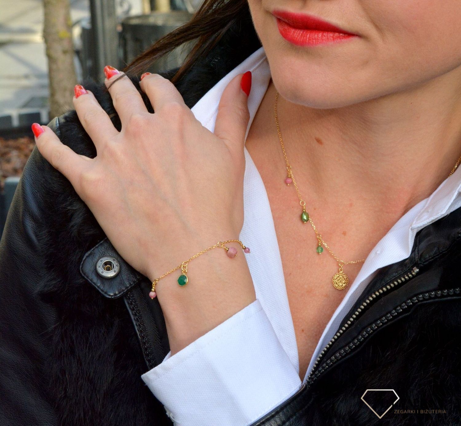 Naszyjnik damski z kamieniami naturalnymi zielony onyks, rodonit, perła, turmalin DIA-NSZ-4023-925.jpg