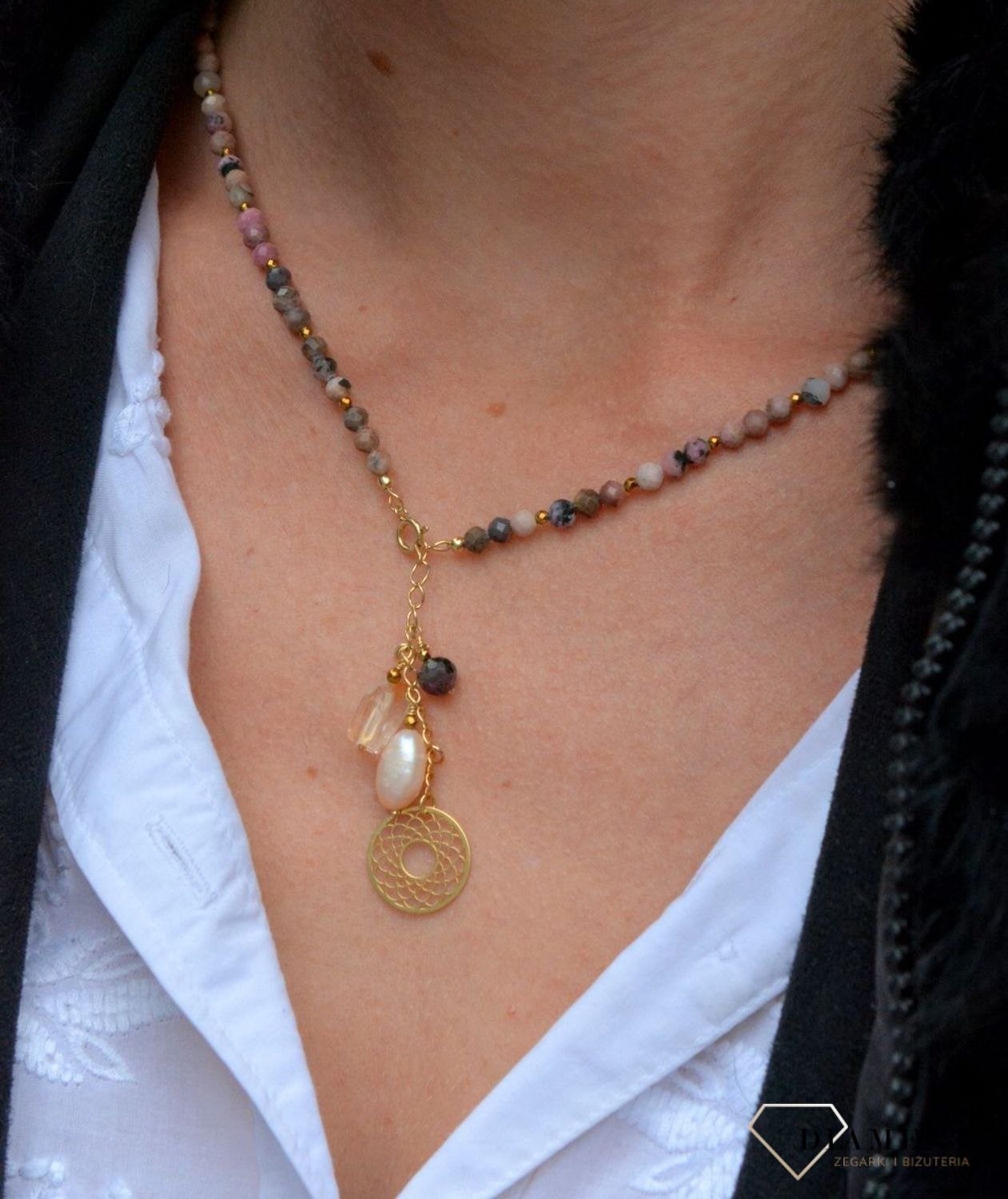Naszyjnik damski z kamieniami naturalnymi rodonit, cytryn i perła DIA-NSZ-4046-925.jpg